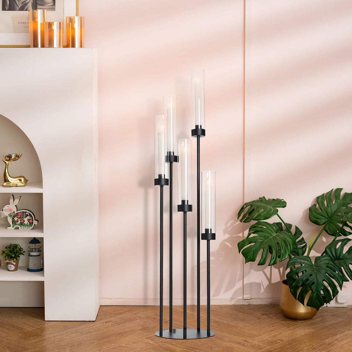 39.8''Matte Black Candle Holder with Acrylic Shades Tall 5 Arm Candelabra Black Table Centerpiece for Wedding Living