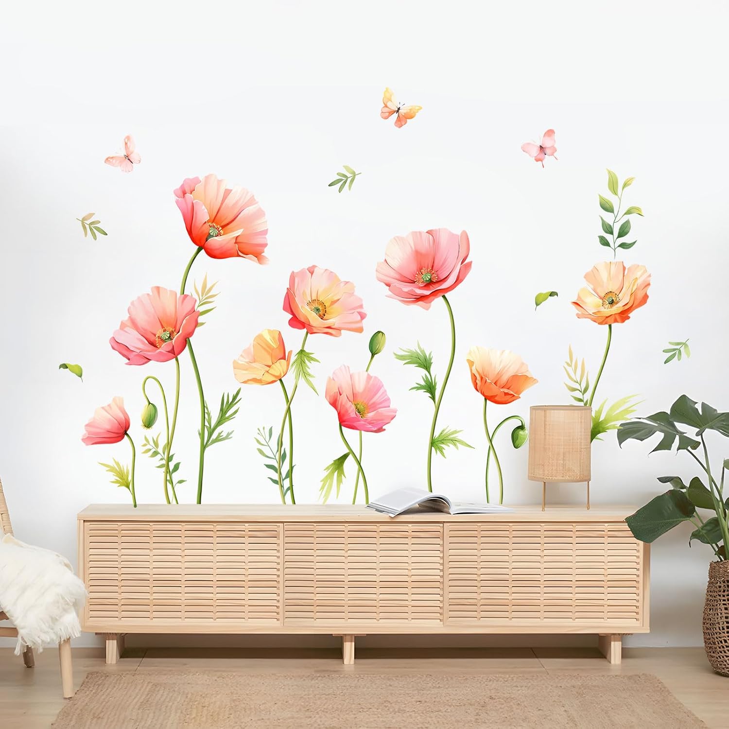 Large Floral Wall Decals Butterfly Wall Stickers Peel and Stick Autumn Floral / Poppy Flower / Pink