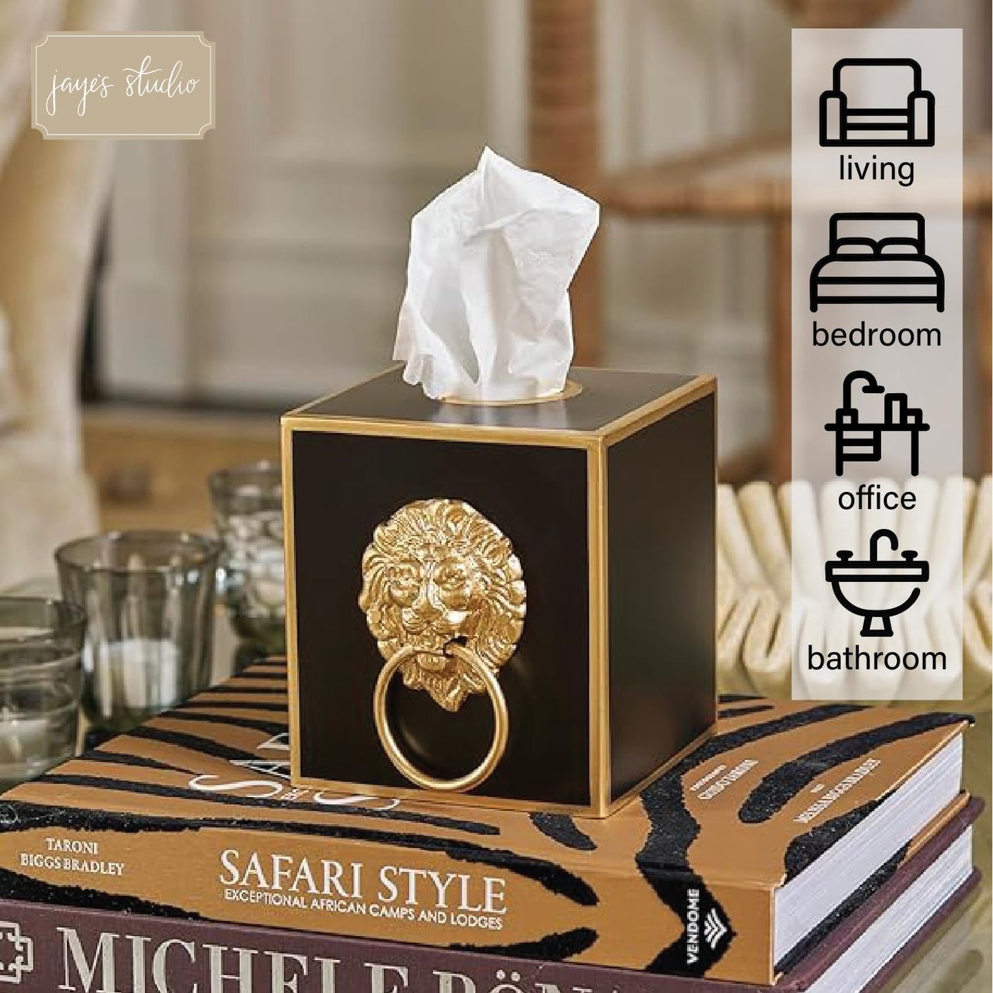 Cube Tissue Box Holder / Black Lion / Paws & Claws