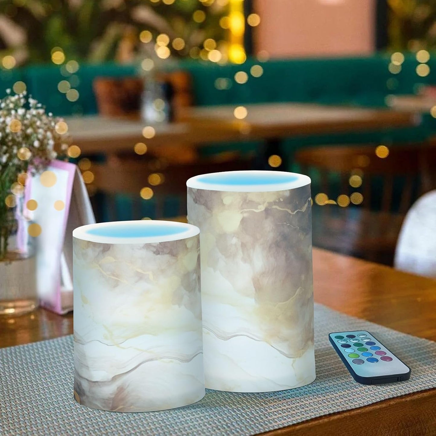 Flickering Flameless Candles, Brown White Marble LED Candles with Remote Timer, Set of 2 Battery Operated Candle for