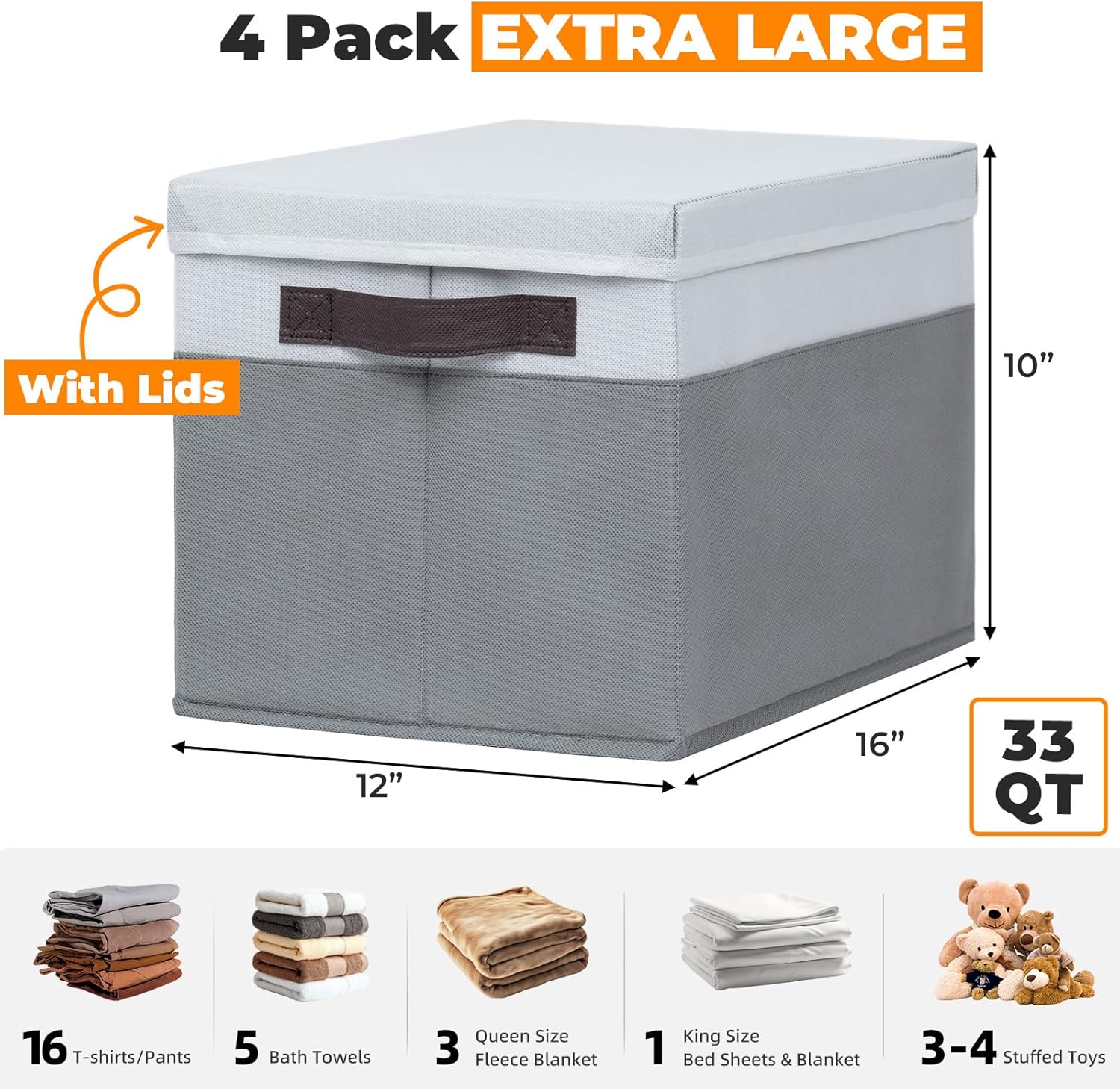 Storage Baskets / 33 QT Throw Blanket Basket / Extra Large / White with Grey / Set of 4
