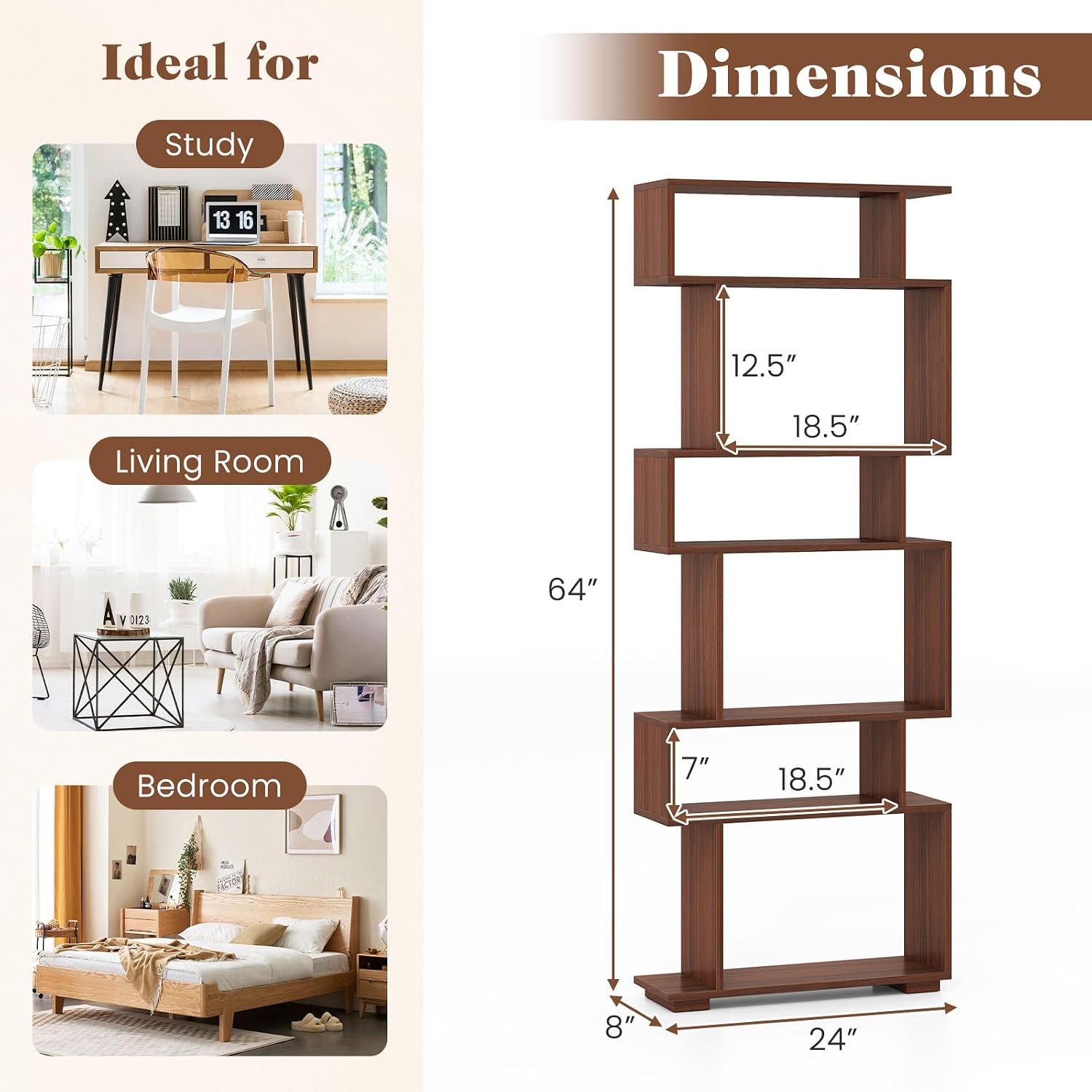 Giantex 6-Tier Geometric Bookshelf, S-Shaped Bookcase with 2 Anti-Tipping Kits, Wooden Display Shelf, Decorative