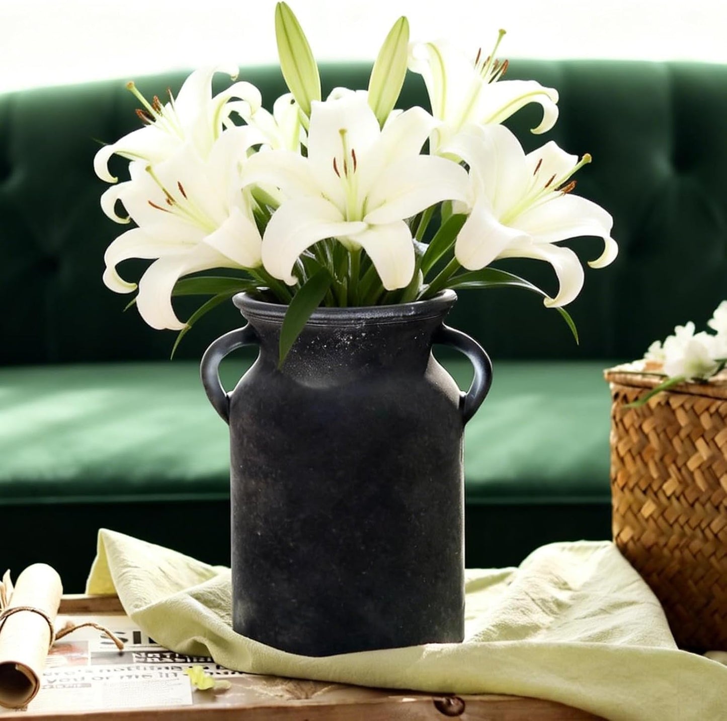 Glass Vase / Rustic Imitation Ceramic Flower Vase / Black / 8 Inch