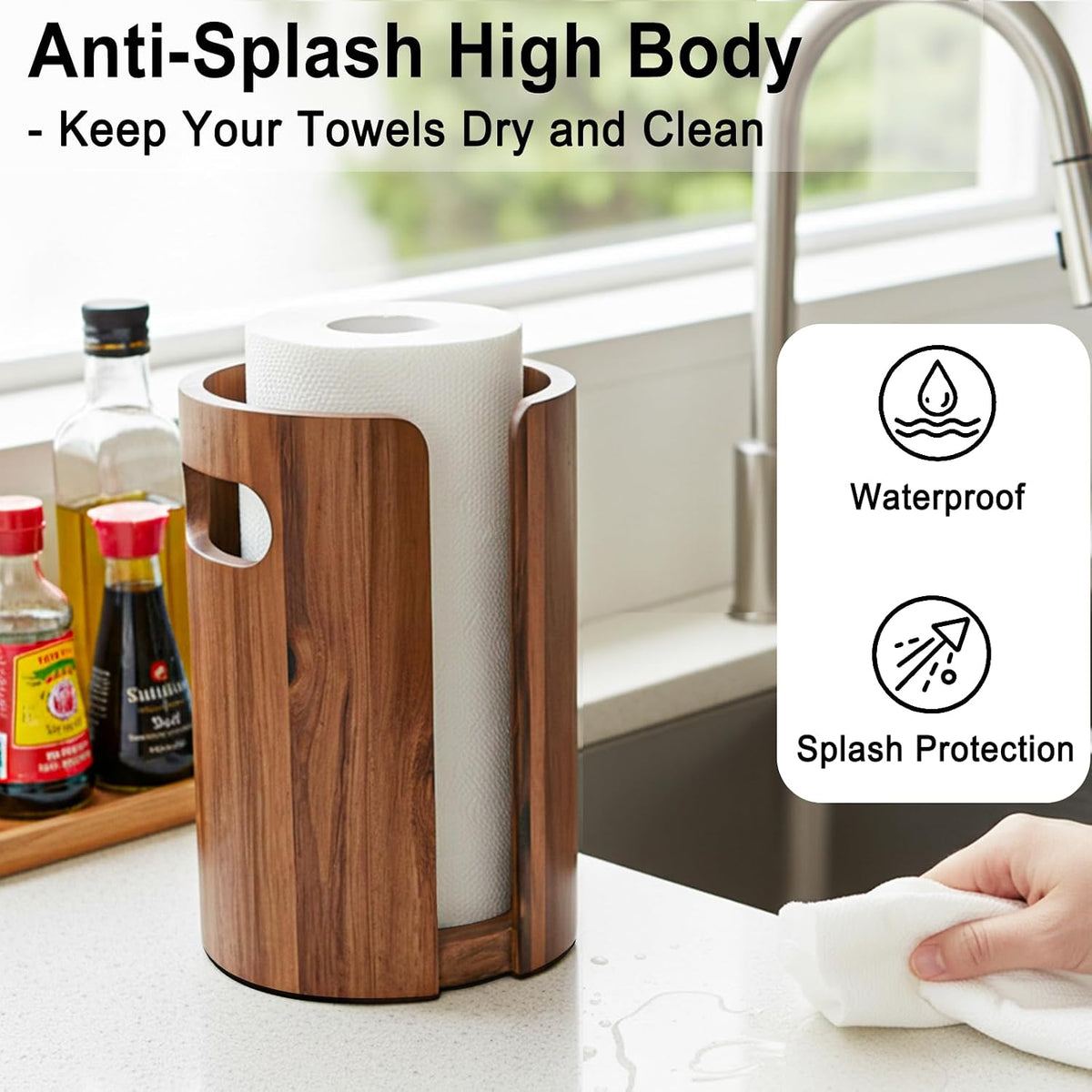 Acacia Wood Paper Towel Holder for Countertop with Splash Guard & Handles | Acacia Wooden Natural Color, Splash Guard