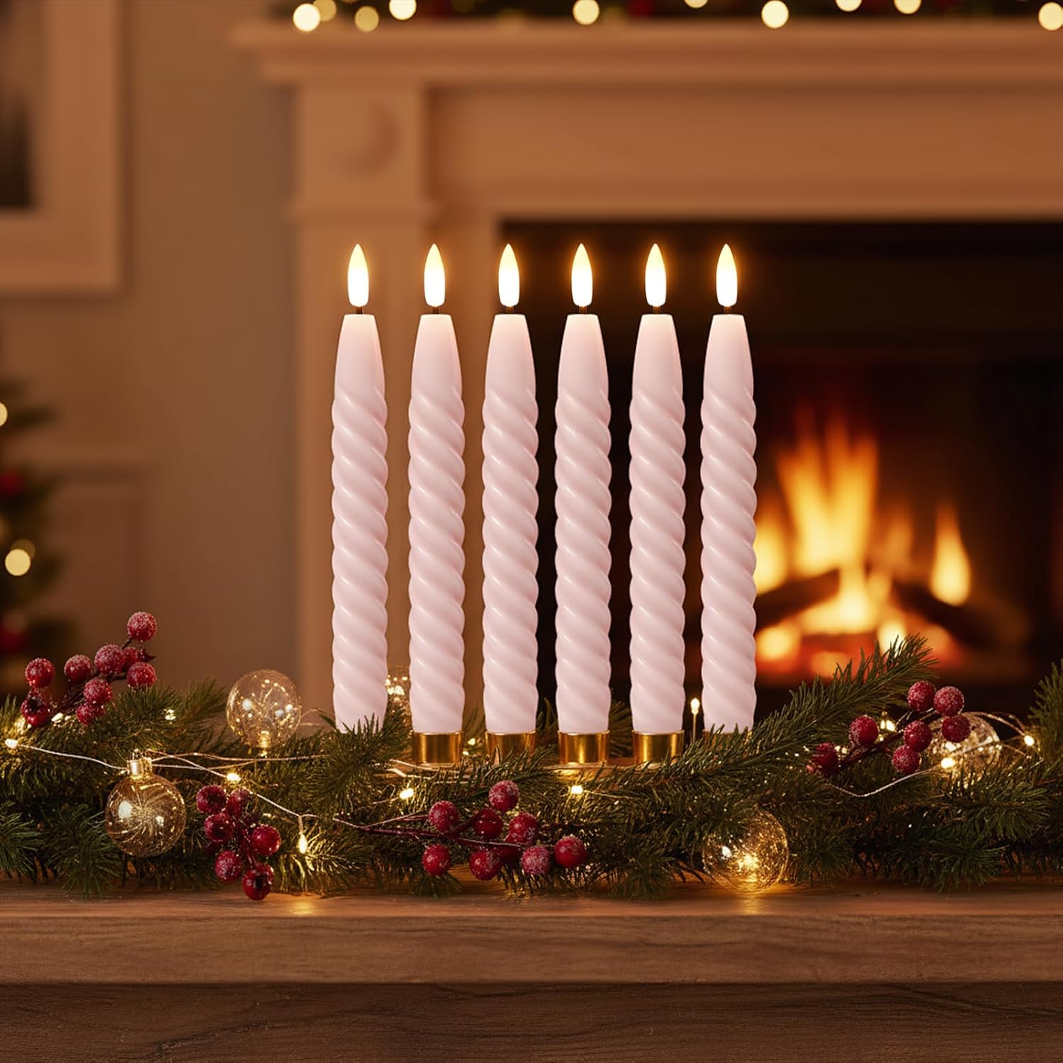 Pink Flameless Taper Candles Flickering with Remote Timer | LED Spiral Taper Candles, Flameless Candlesticks, Battery