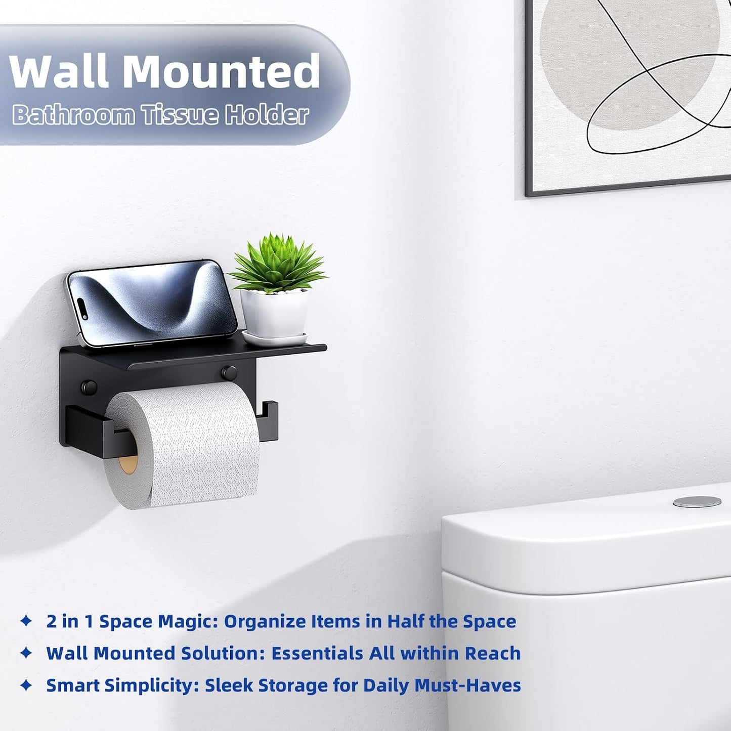 APLusee Matte Black Toilet Paper Holder with Storage Shelf, Wall Mounted | Rustproof 304 Stainless Steel, 2-in-1