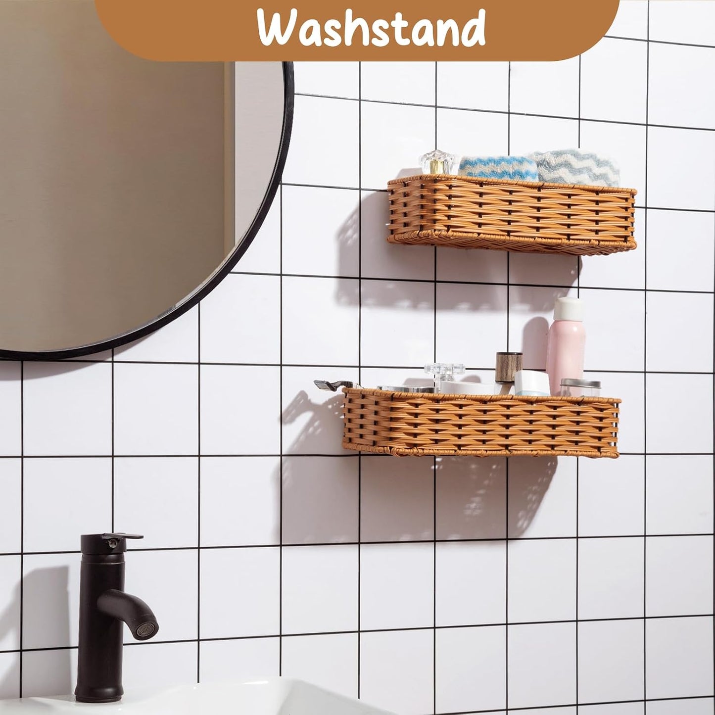 Plastic Wicker Woven Storage Shelves / Brown / Set of 2