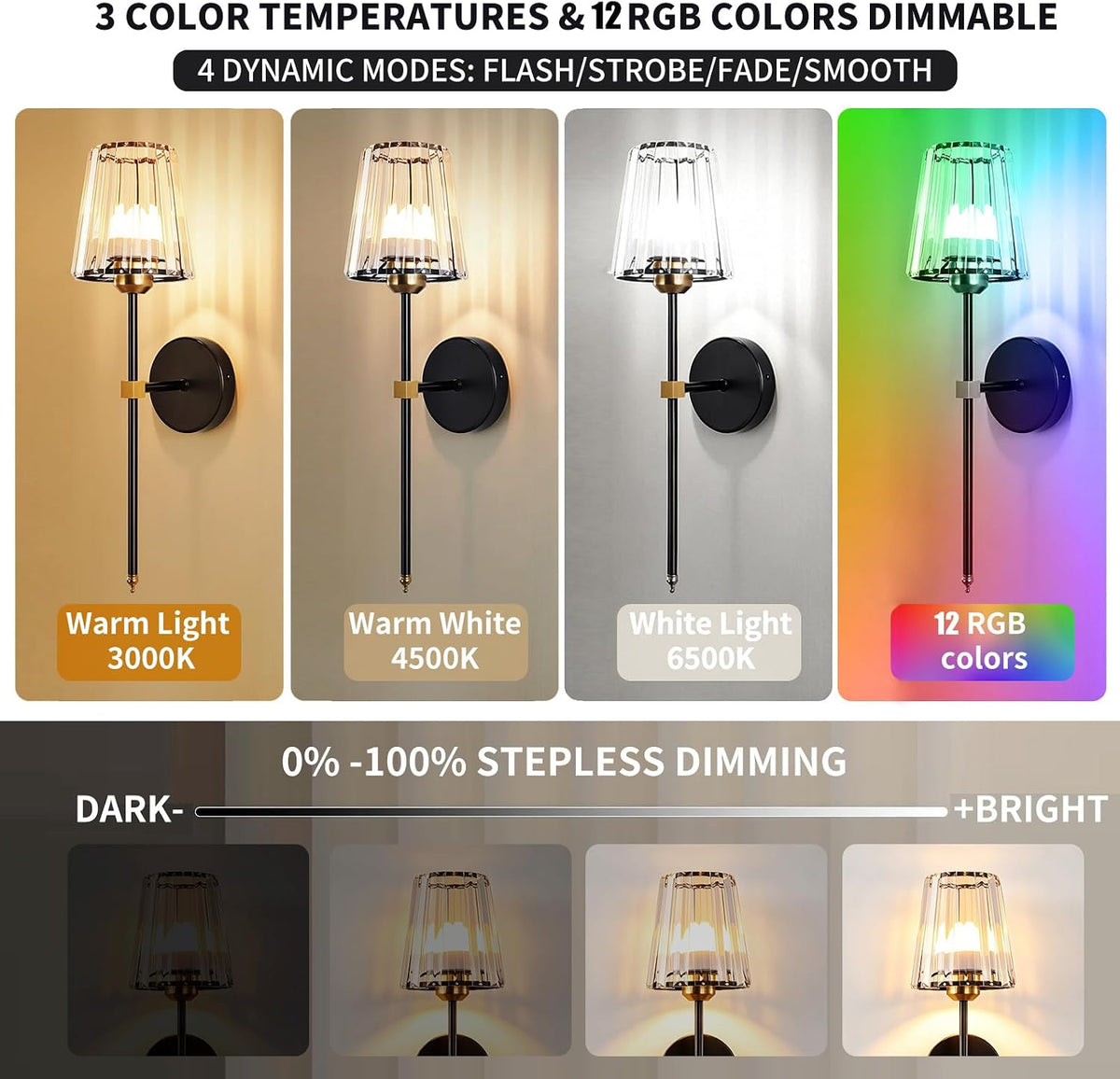 Battery Operated Wall Sconce Set of 2, Black Gold Rechargeable Wall Sconce with Crystal Lampshade, 5200mAh Wireless RGB