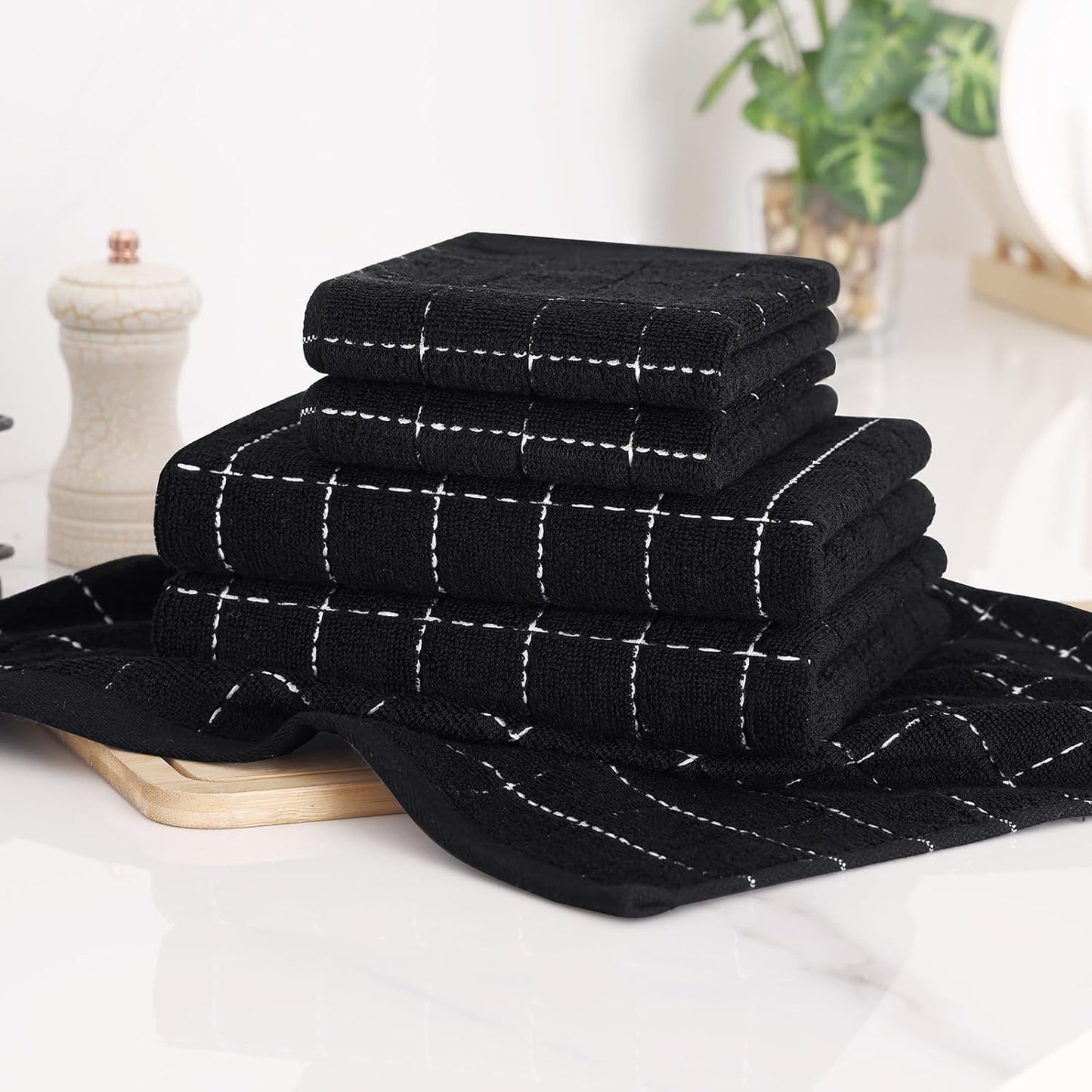 Homaxy Kitchen Towels and Dishcloths Set, Set of 12, Black | Bulk Cotton Terry Kitchen Towels, Checkered Designed, Soft