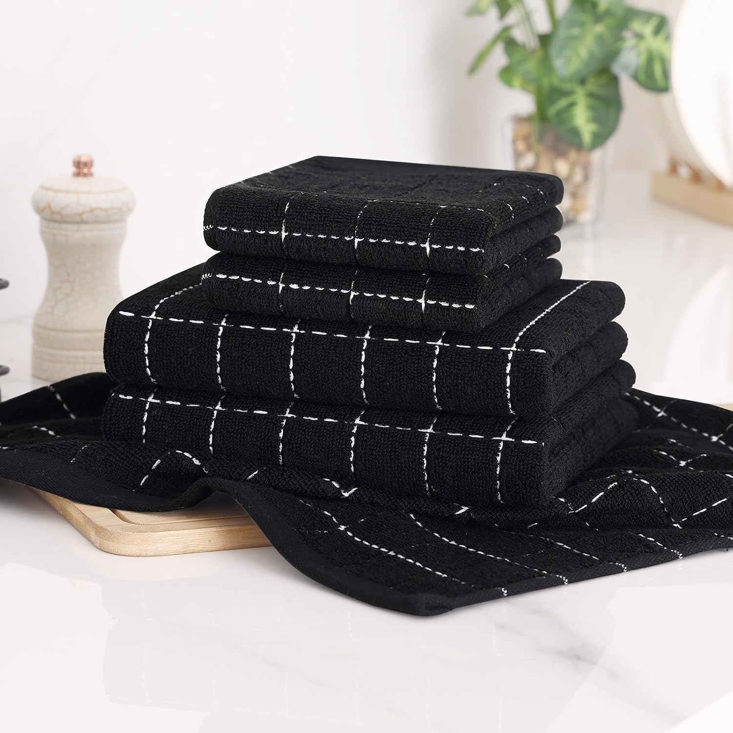 Homaxy Kitchen Towels and Dishcloths Set, Set of 12, Black | Bulk Cotton Terry Kitchen Towels, Checkered Designed, Soft