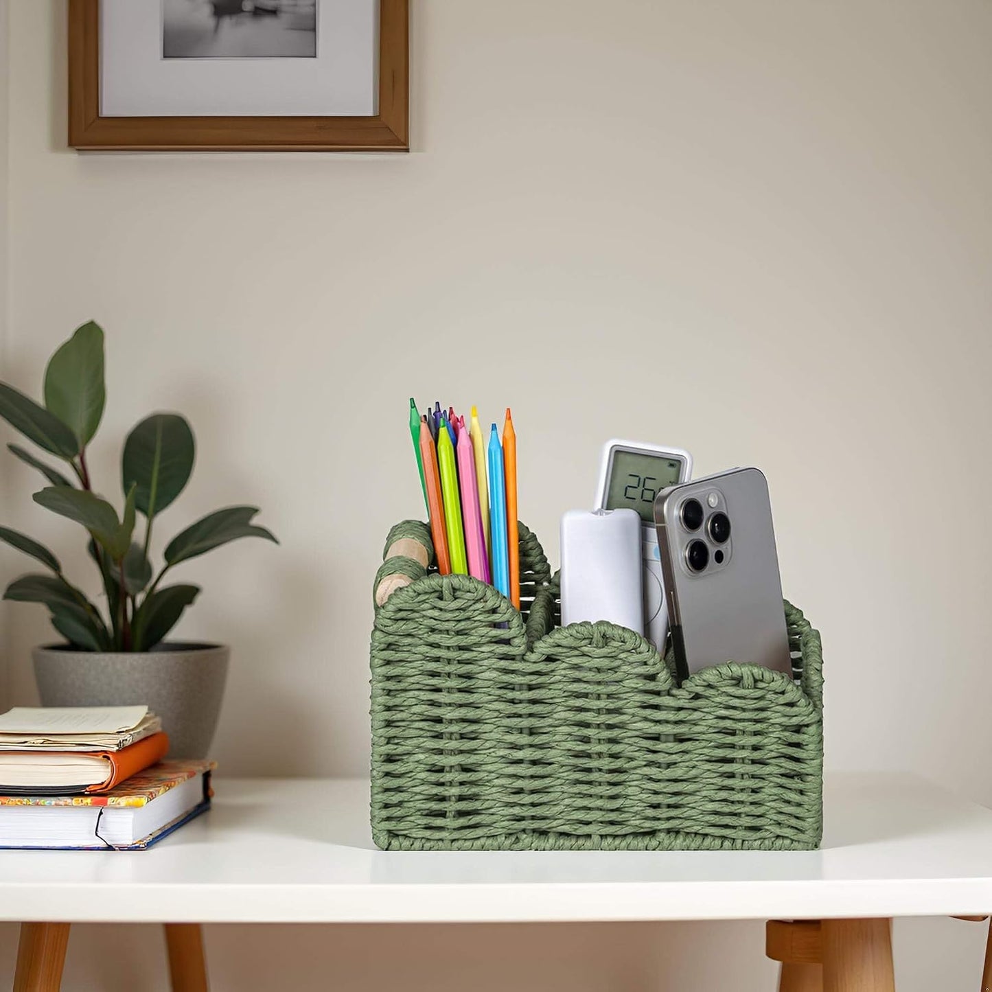 Scalloped TV Remote Control Holder Bedside Candy Organizer / Green / 3 Slots
