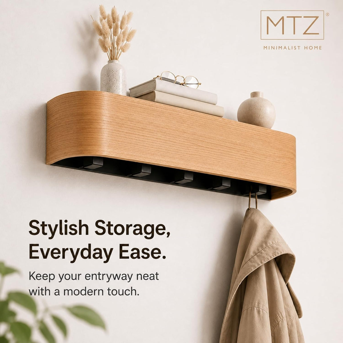 MTZ Solid Wood Wall Mounted Coat Rack with Shelf & 5 Hidden Hooks (Oak) | Minimalist entryway wall hook rack for