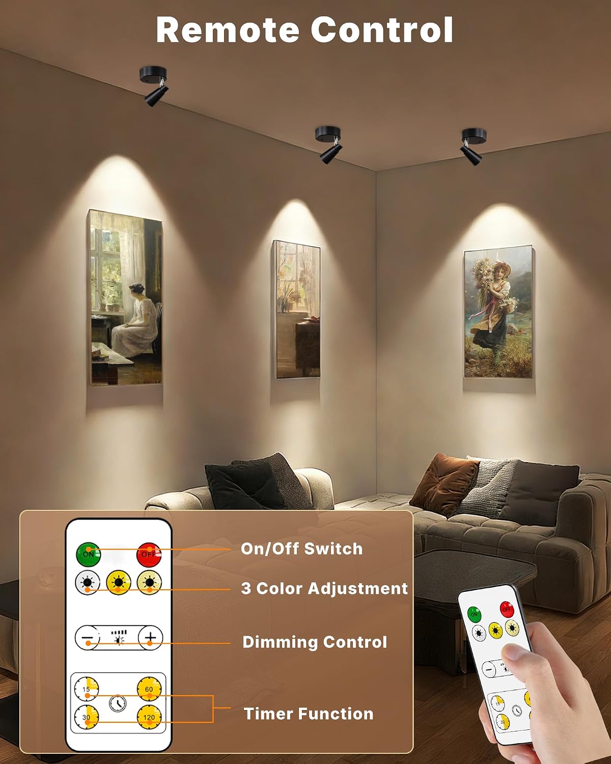 LED Spotlights Indoor, 5000mAh Rechargeable Battery Powered Picture Lights, Dimmable&Timer, 3CCT, Cordless LED Uplights
