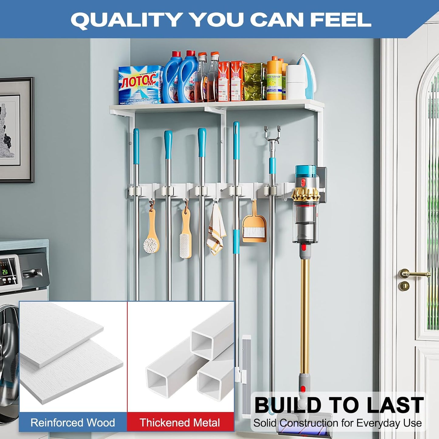 Broom Holder Wall Mount with Cleaning Supplies Organizer, Laundry Room Organization and Storage Shelf with Mop Hanger