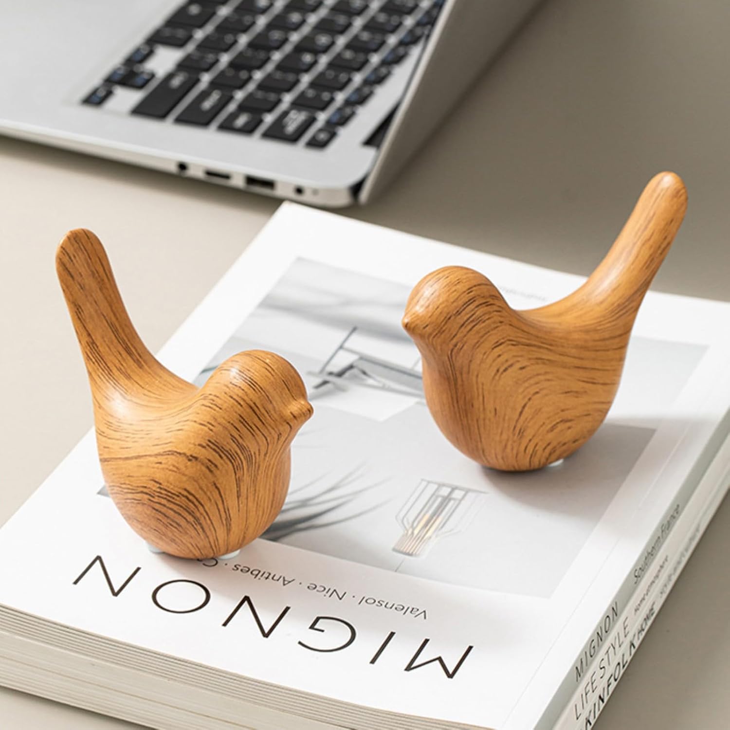 Boho Bird Statue / Wood-look Pair