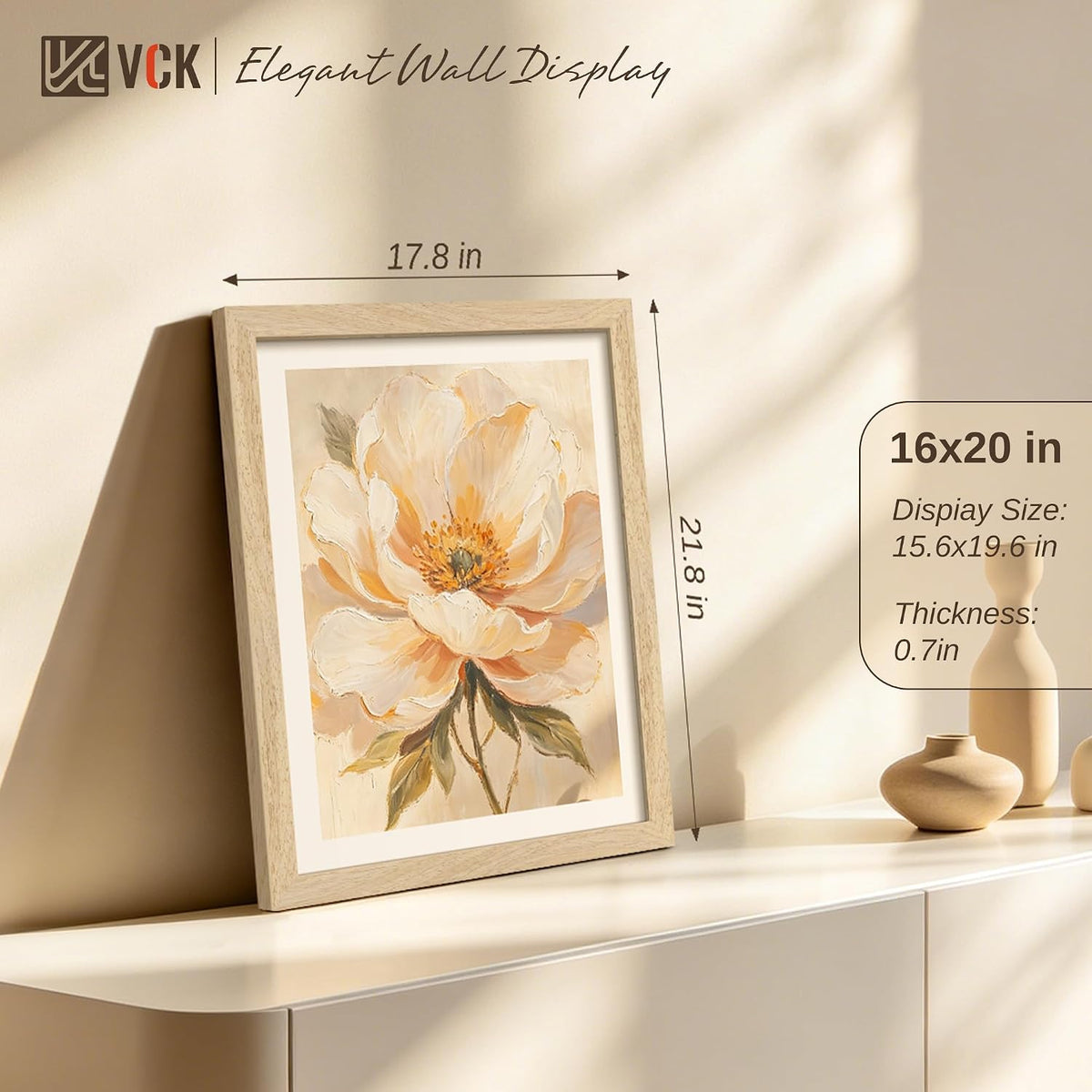 VCK 16x20 Picture Frame 1 Pack, Natural Solid Wood, Wall Hanging | Wide Border, Light Woodgrain, Shatterproof
