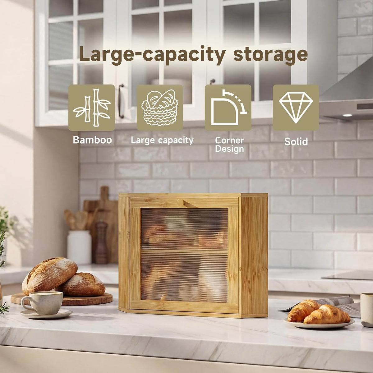Bread Box for Kitchen Corner Countertop,Large Bread Basket (Natural,Large) | Double Layer Bamboo Bread Storage