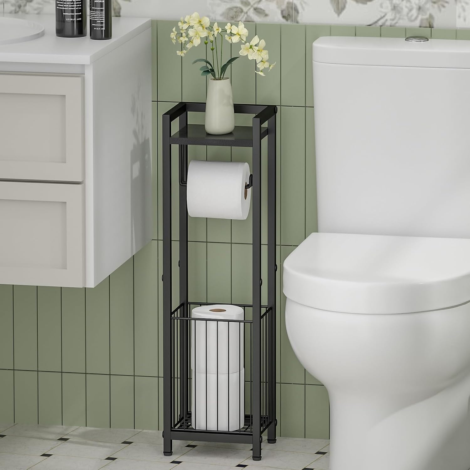 Narrow Side Toilet Paper Holder with Storage Shelf | Freestanding Roll Holder for Bathroom, Small Space, Bathroom