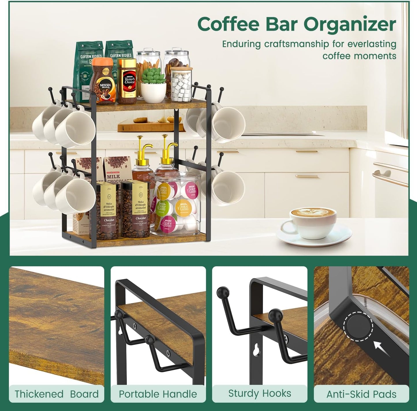 EsLuker.ly Coffee Station Bar Organizer Mug Holder Stand Countertop | 2 Tier Mug Cup Tree Rack for Kitchen Office