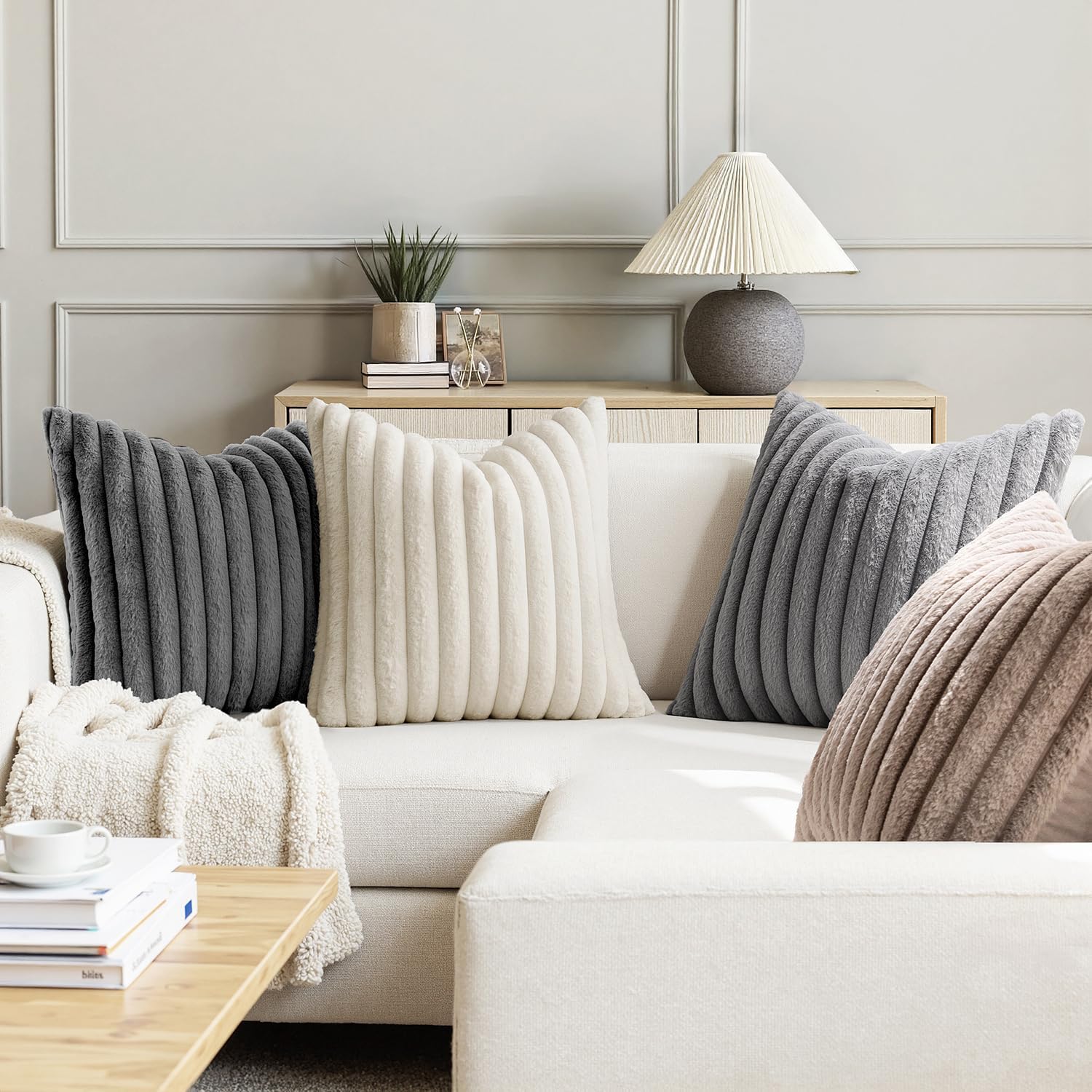 Faux Fur Plush Decorative Throw Pillow Covers / 18 x 18 / Grey Taupe / Set of 4
