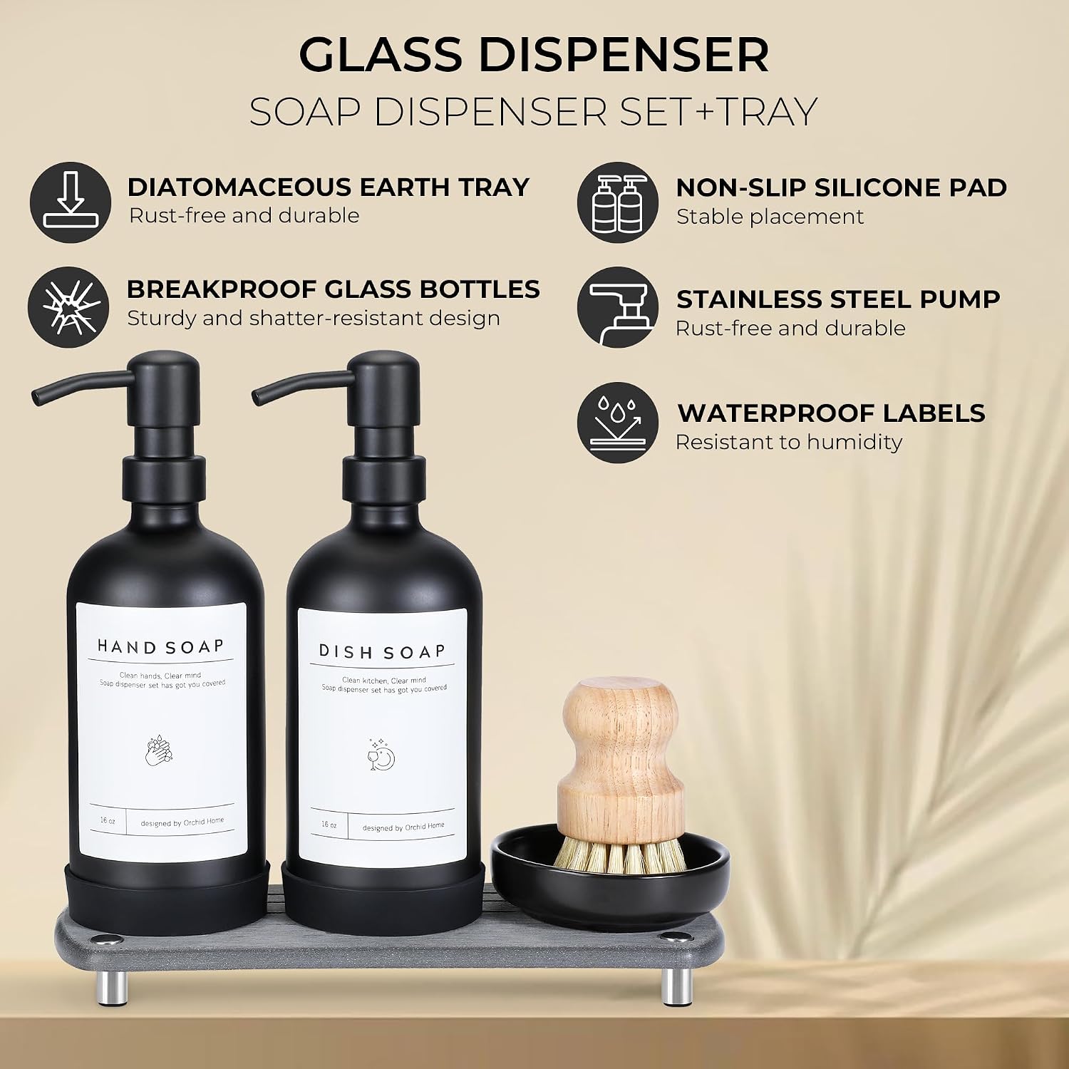 [Luxury] Kitchen Soap Dispenser Set - 16OZ Black Glass Bottle, Stainless Steel Pump, Instant Dry Tray, Waterproof