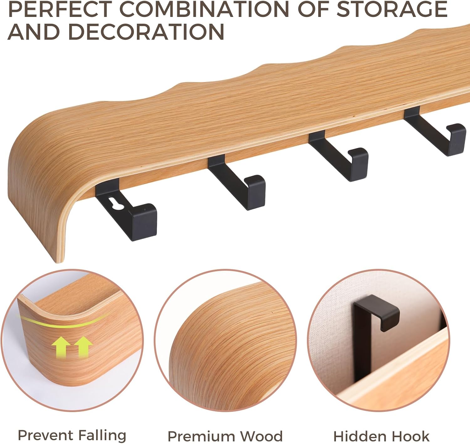 Shelf Entryway Shelf Modern Key Holder Hanger Wall Shelves / Wavy Oak / 5 Hooks