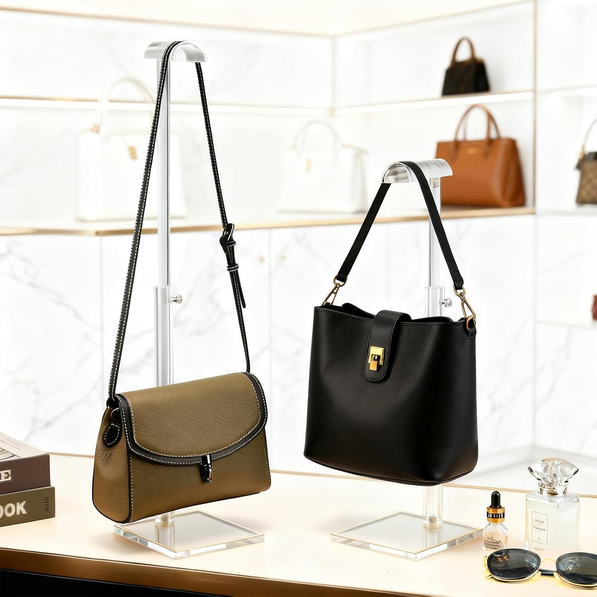 4 Pack Acrylic Purse Display Stand, 14"-24" Height Adjustable Handbag Stand | 8MM Stable Base, Clear Purse Holder, Home