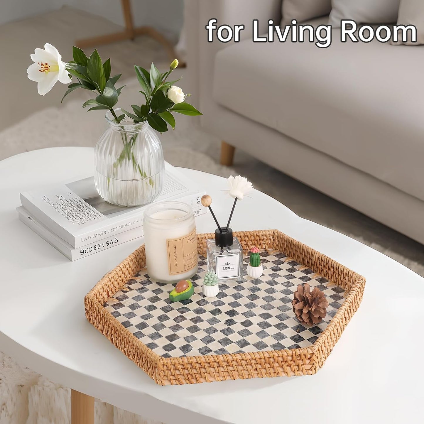 Hexagon Rattan Tray / Black Checker
