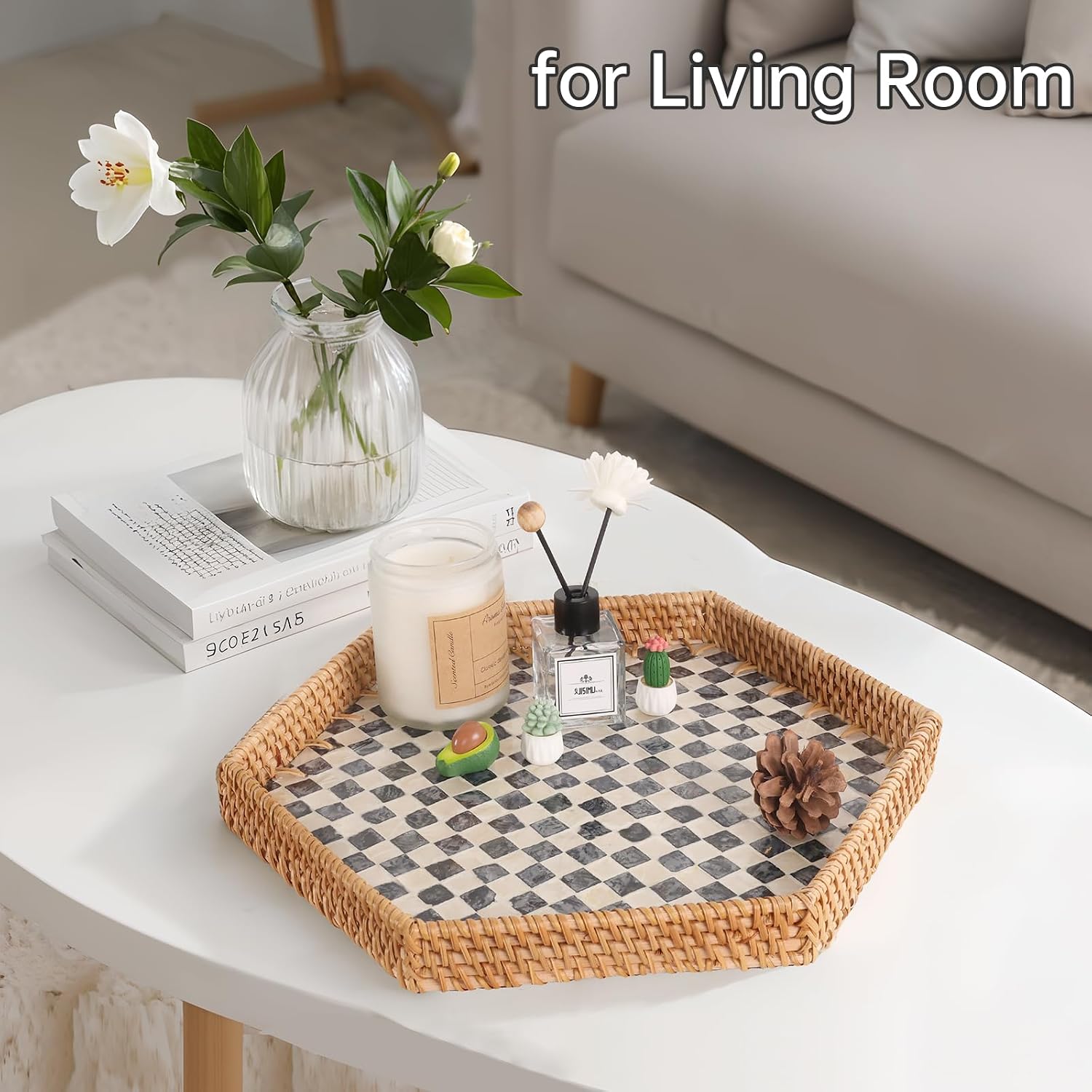 Hexagon Rattan Tray / Black Checker