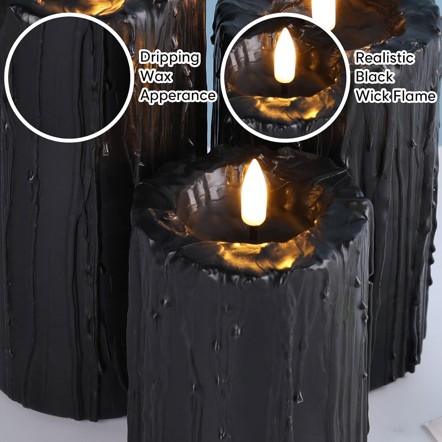 Black Dripping Wax Halloween Flameless Pillar Candles with Remote | Flickering Realistic LED Candles Set of 3, 2 AA