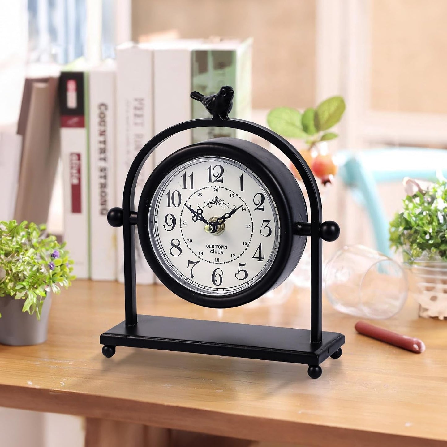 Vintage Farmhouse Table Clock with Bird Topper, Silent Non-Ticking Mantel Clock with Closable Back Cover, Black Iron