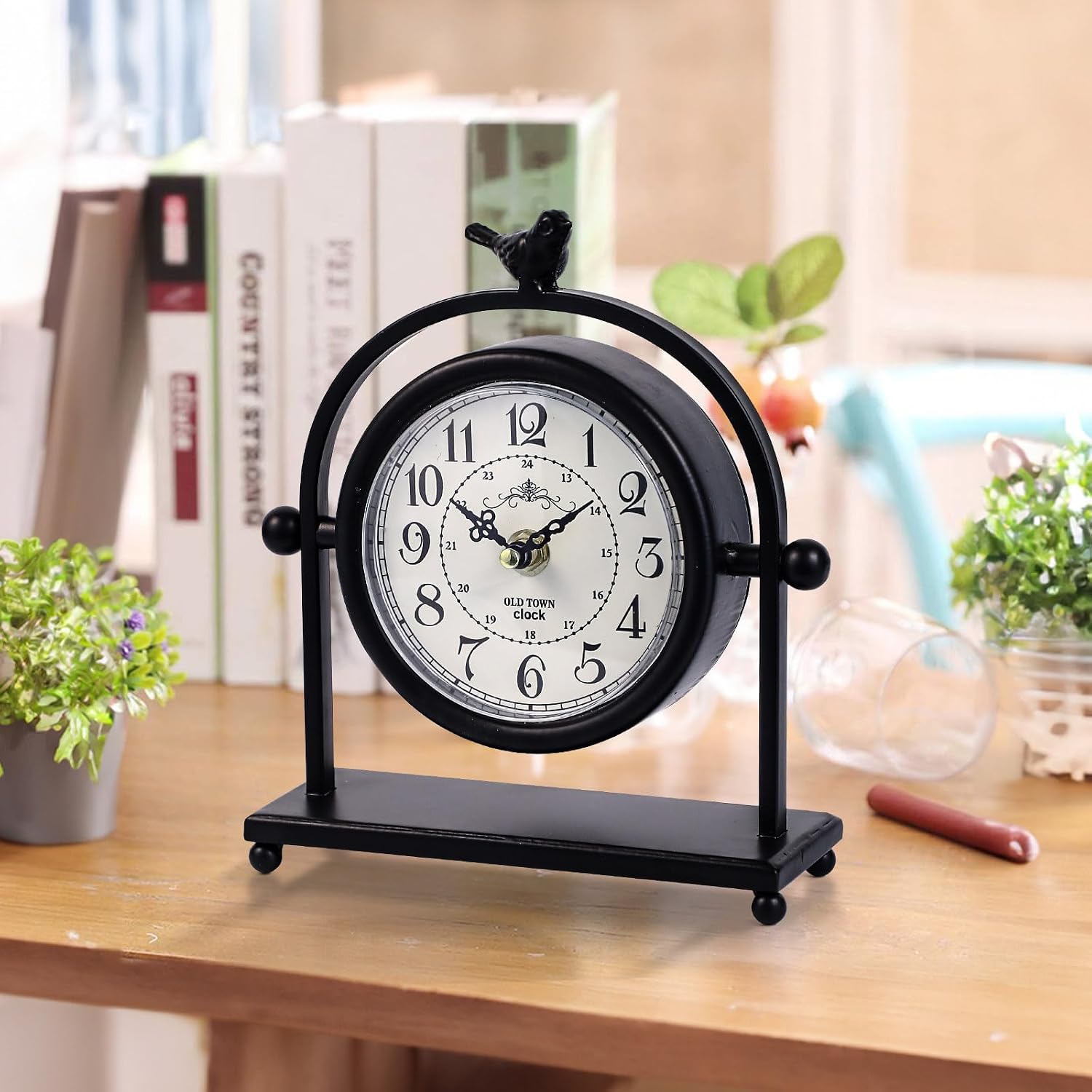 Vintage Farmhouse Table Clock with Bird Topper, Silent Non-Ticking Mantel Clock with Closable Back Cover, Black Iron