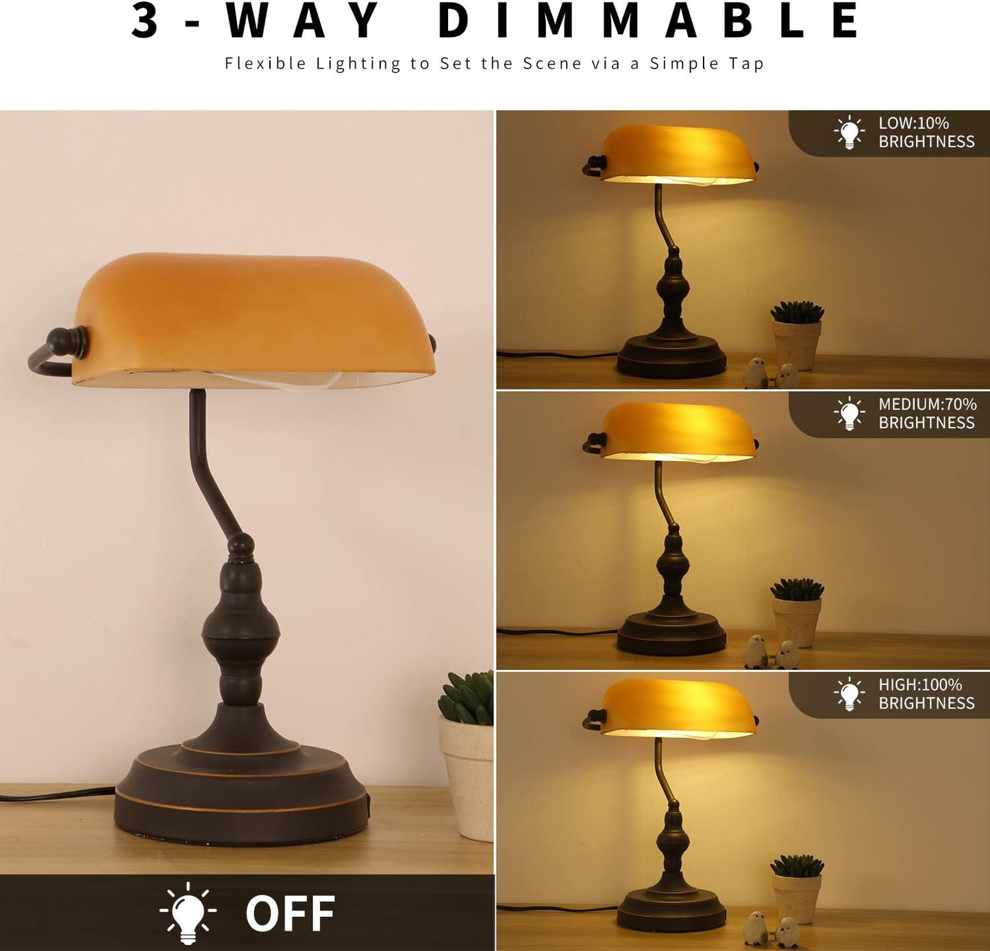 Banker Desk Lamp Touch Control, Oil Rubbed Bronze | 3 Way Dimmable Banker's Desk Lamp, USB-A Port, Amber Glass Shade