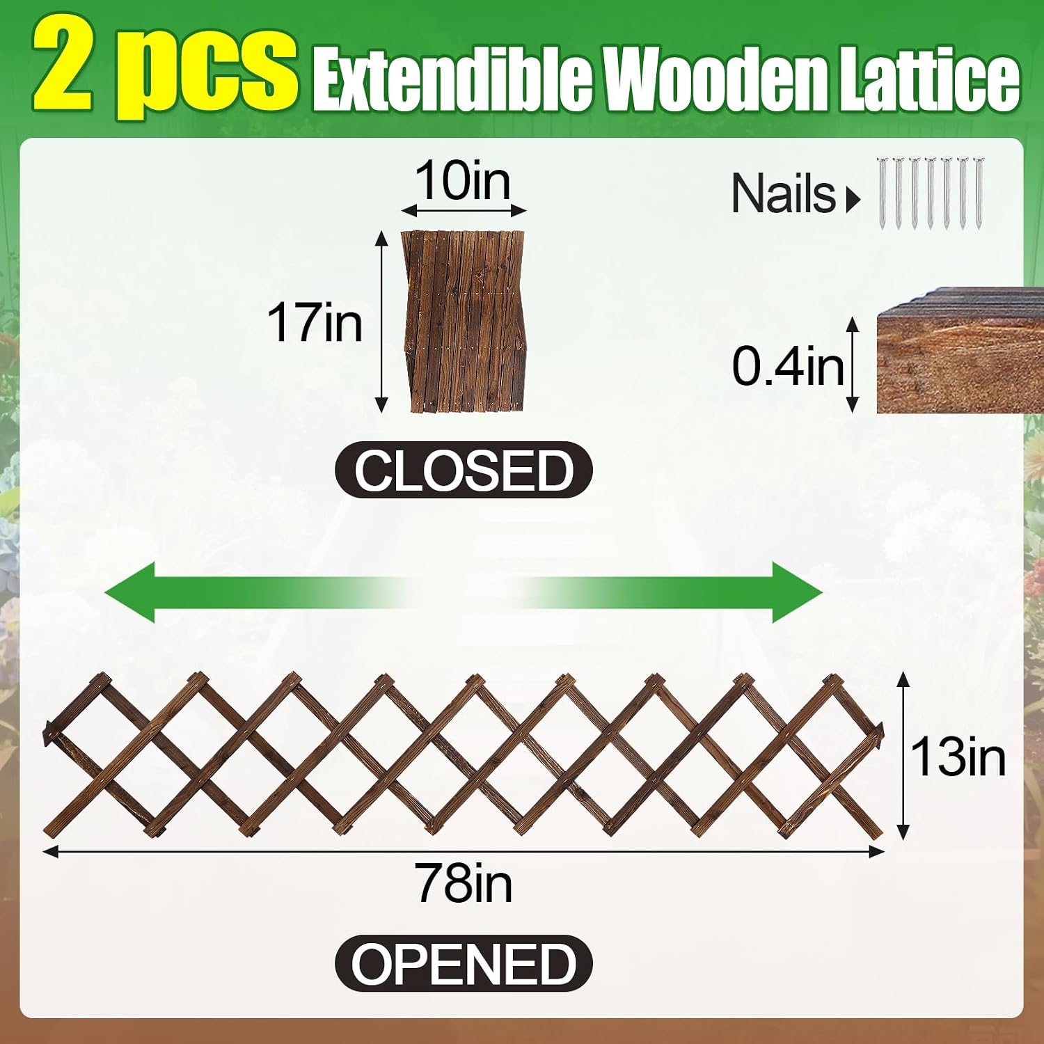 2Pcs 13x78 Expandable Wood Wall Trellis for Climbing Plants Outdoor/Indoor | Thick Wood, Decorative Lattice Panels for