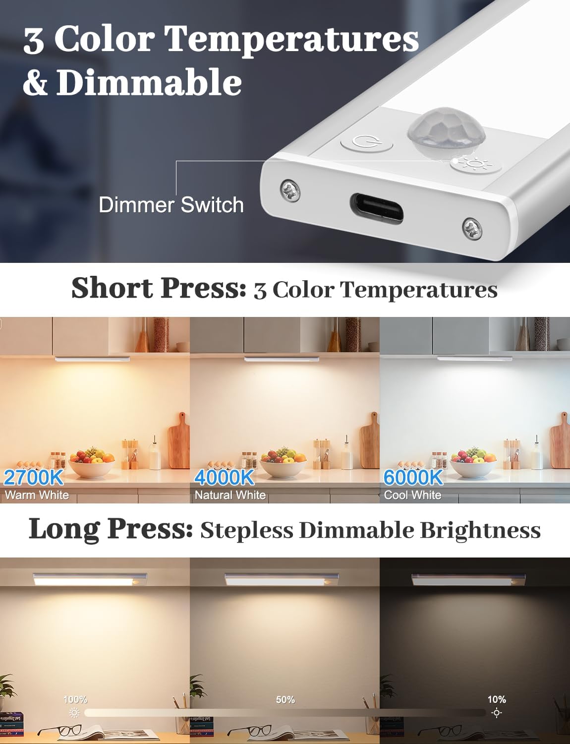 VerRon 3-Pack Under Cabinet Lighting with Charging Station, 14inch | 2000mAh Rechargeable, 3 Color Temps, Dimmable