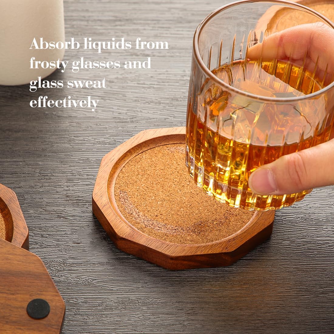 Holder / Decagonal Shape Acacia Wood Coaster Set Drink Coasters / Cork / 4.33 Inch