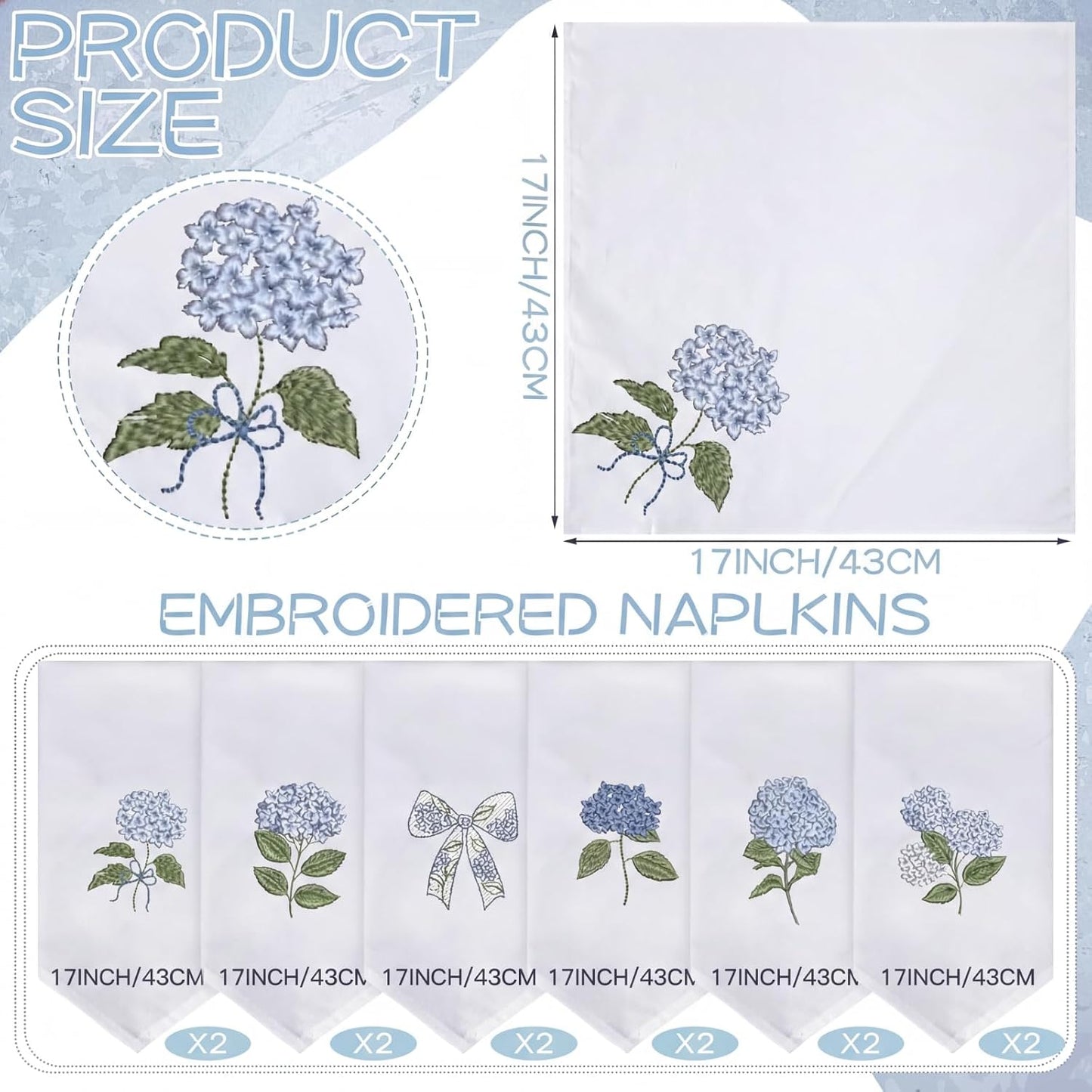 HunnmingRe 12 Pcs Blue Hydrangea Cloth Napkins Bulk 100% Cotton, 17x17inch | Summer Floral Dinner Tea Party, Cocktail