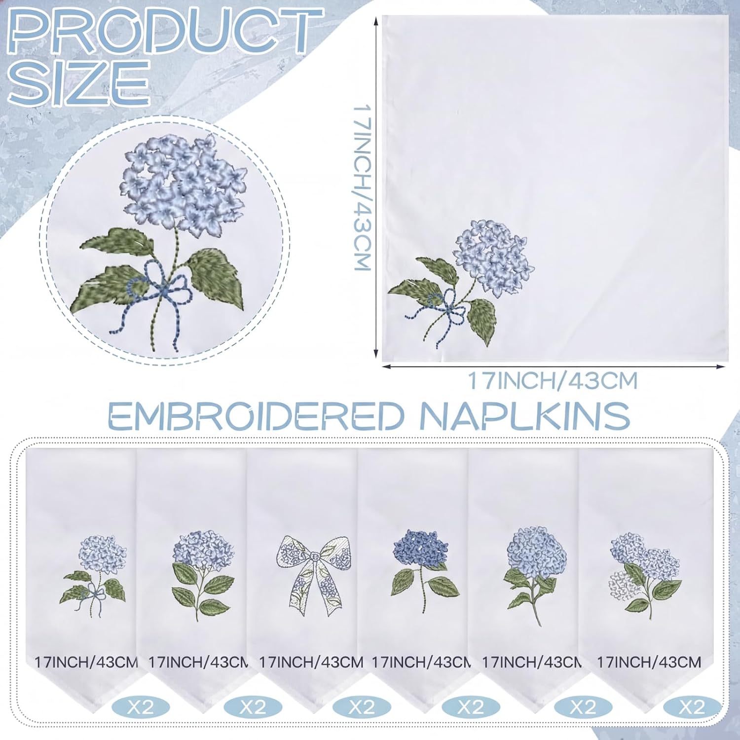 HunnmingRe 12 Pcs Blue Hydrangea Cloth Napkins Bulk 100% Cotton, 17x17inch | Summer Floral Dinner Tea Party, Cocktail