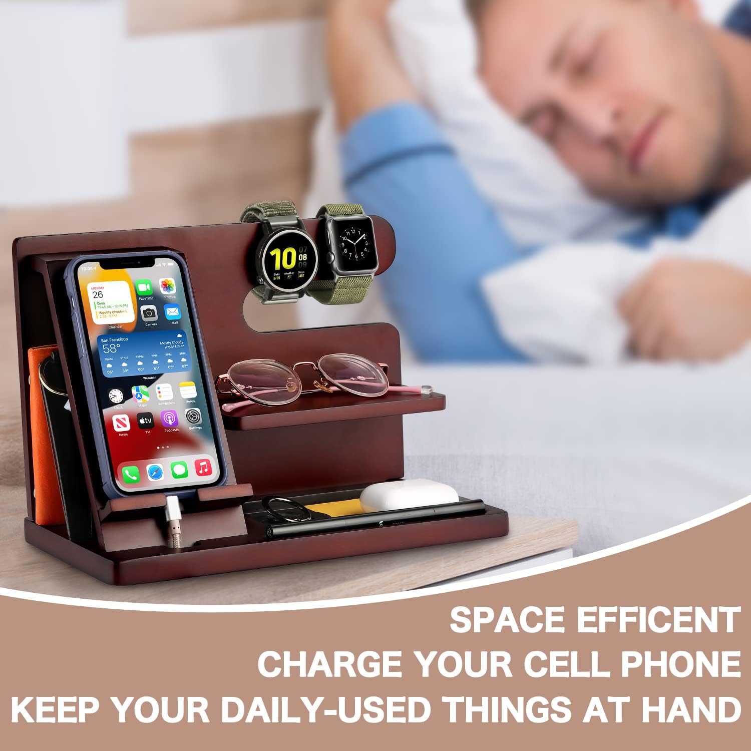 OUTXE Wood Phone Docking Station, Men Gifts Nightstand Organizer for Phone, Keys, Wallet, Glasses, Gifts for Dad's
