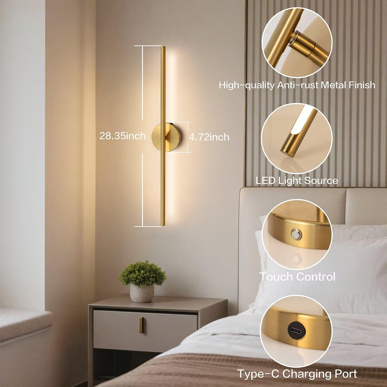 Rechargeable Wall Sconce Set of Two, Modern Wireless Brass Wall Light Sconce with Remote, 28.35Inch Dimmable Indoor