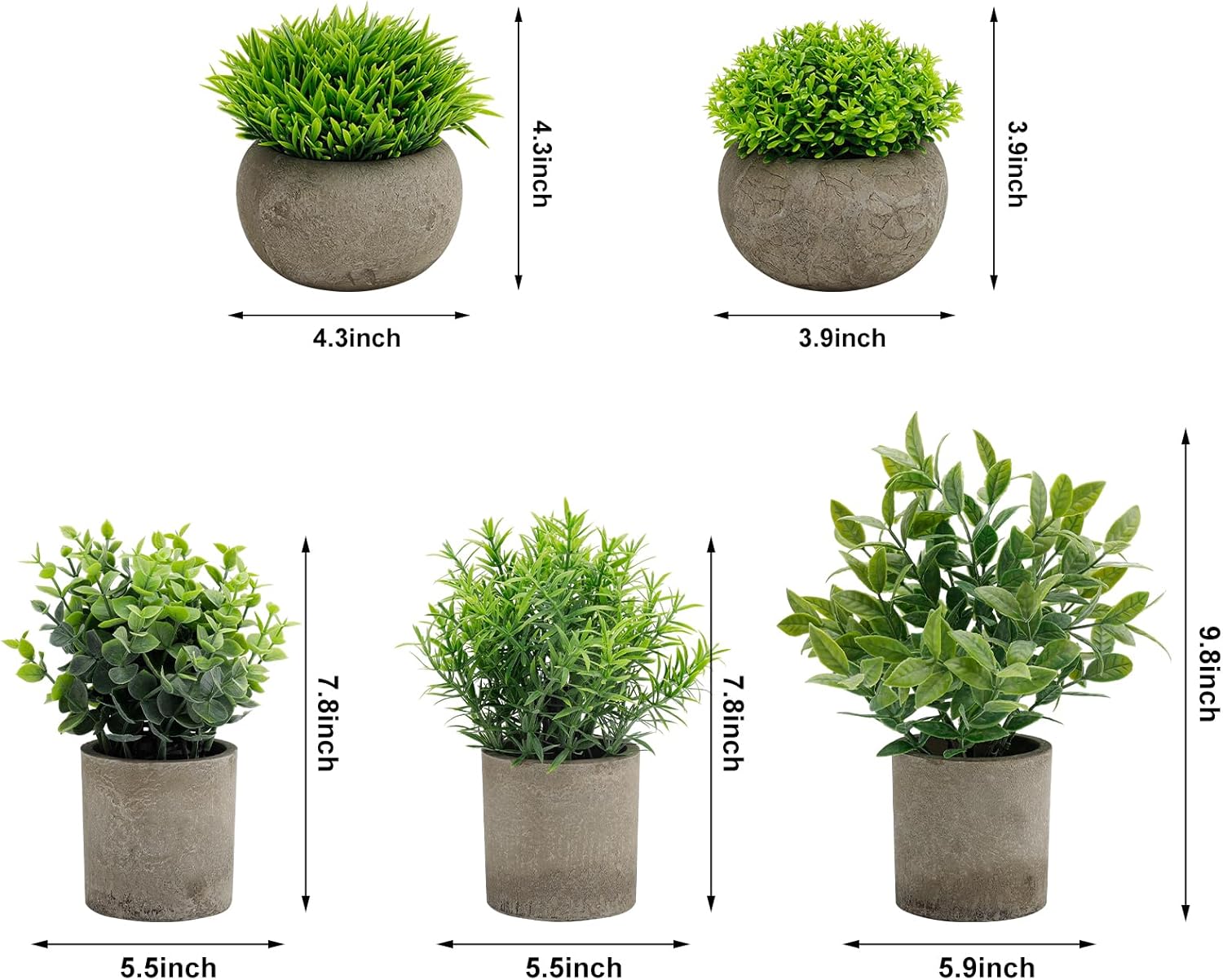 Artificial Potted Plants Faux Greenery in Cement Pots / Round Leaf & Grass Mix Set