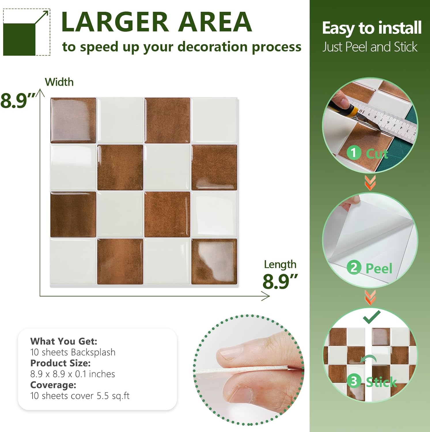 3D Adhesive Peel and Stick Tile Backsplash / White,orange / 9 x 9