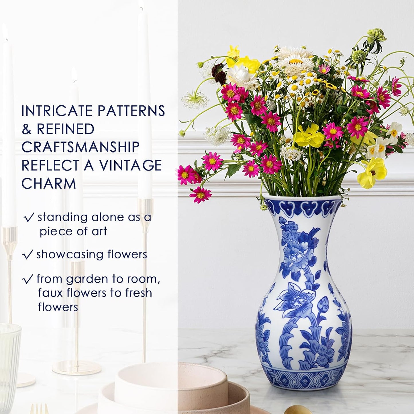 White Ceramic Vase / # Simple Floral Texture / Blue / 11 Inch
