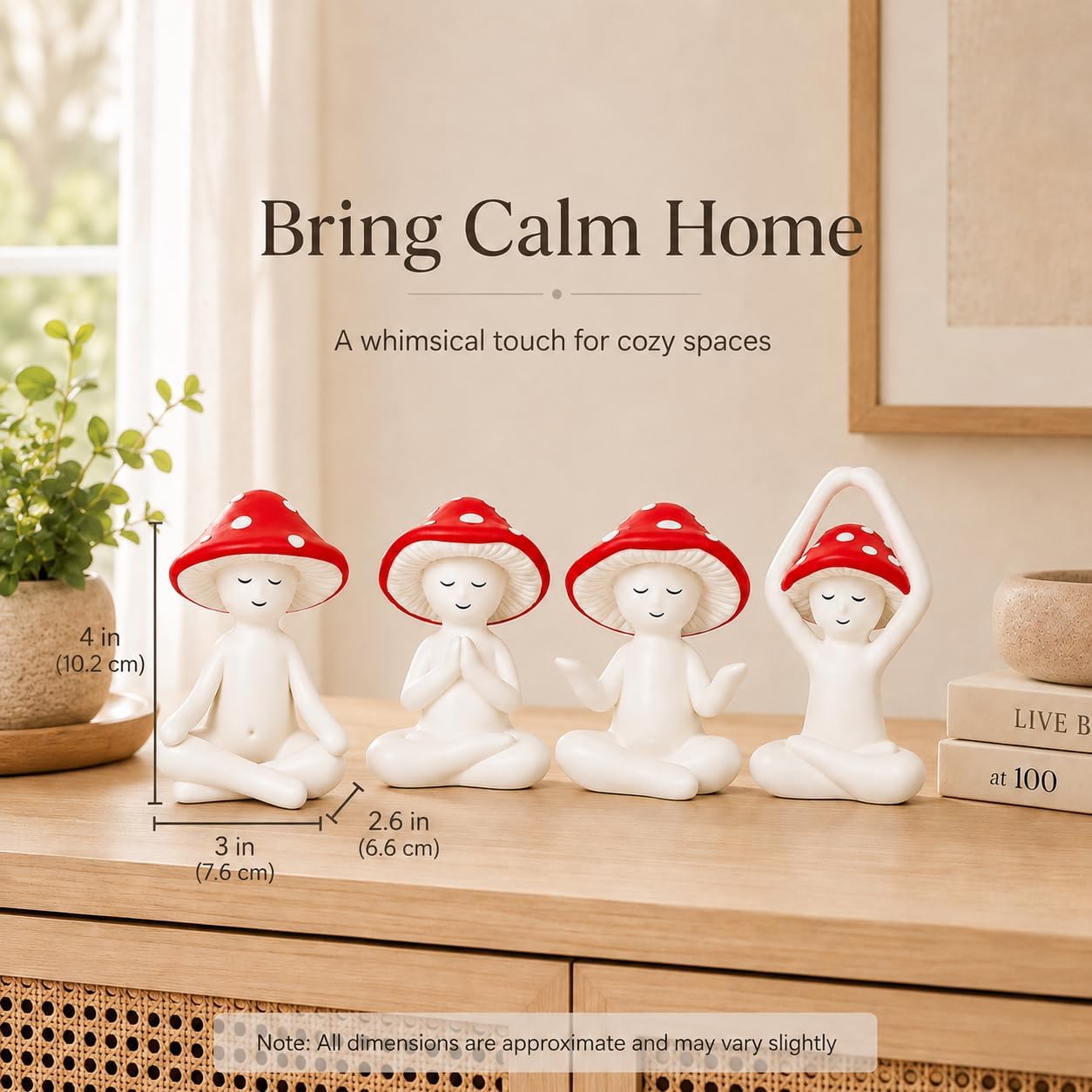 Meditation Mushroom Statue Yoga Mushroom Figurine Tabletop Decor / Red / Set of 4