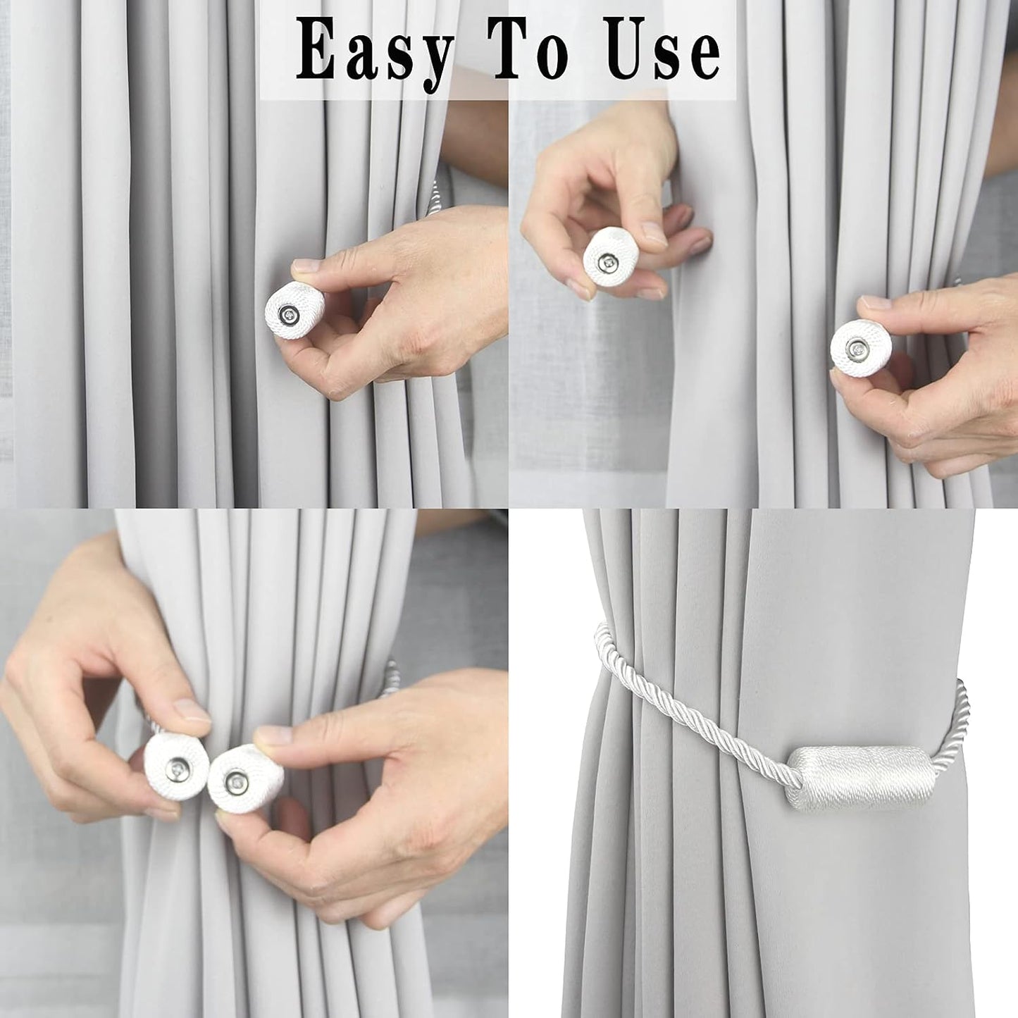 Magnetic Curtain Tiebacks Holdbacks Decorative Tie Backs for Windows Porlau | 6 Pack White Modern Outdoor Drapes