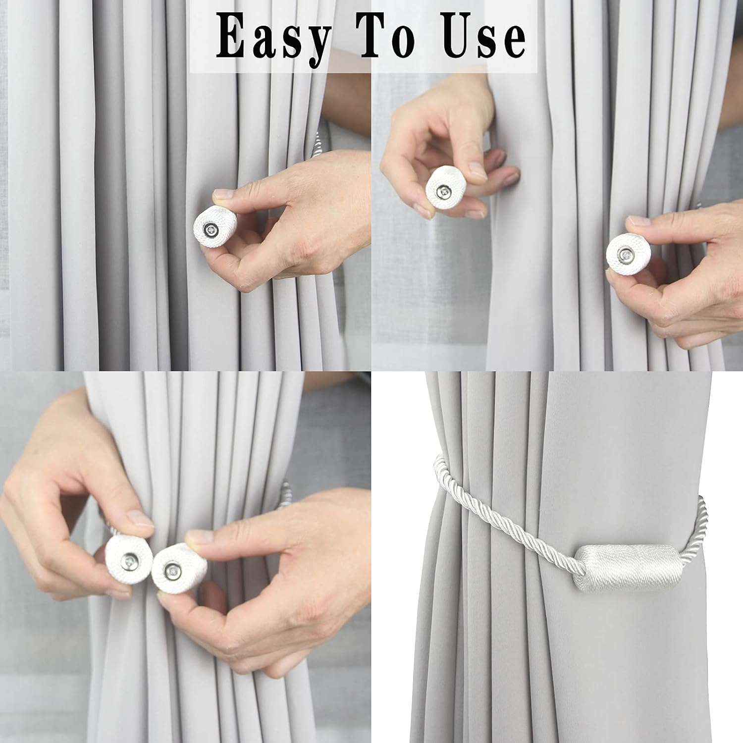 Magnetic Curtain Tiebacks Holdbacks Decorative Tie Backs for Windows Porlau | 6 Pack White Modern Outdoor Drapes