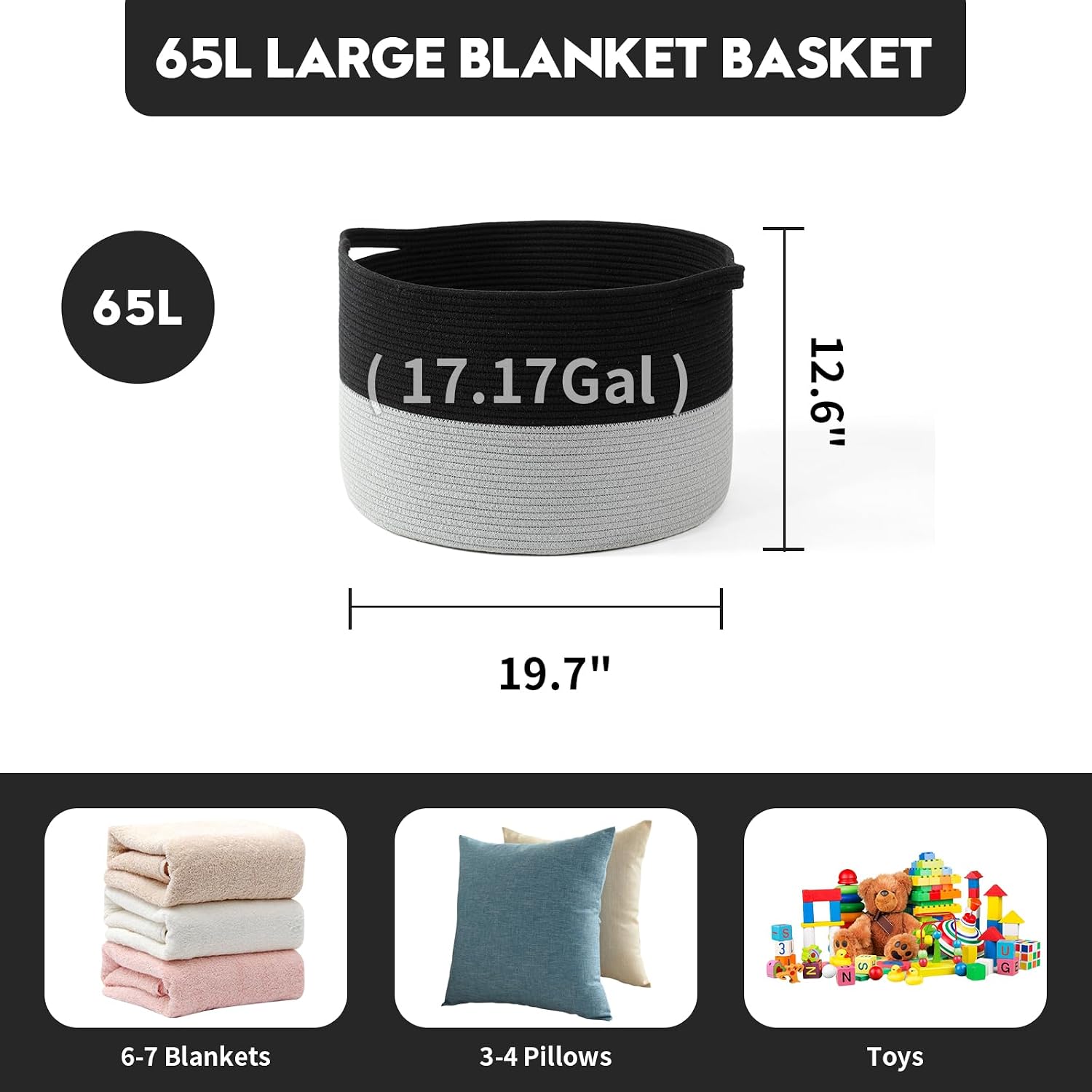 Collapsible Handle Cotton Rope Soft Woven Fabric Storage Organizer Clothes Toys / Black & Grey / 65L