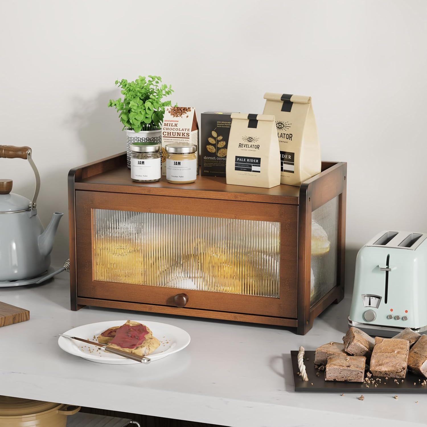 BAMBANG Bamboo Bread Box for Kitchen Countertop, Extra Large Farmhouse Bread Box with 4-Side Clear Panels, Wooden Bread