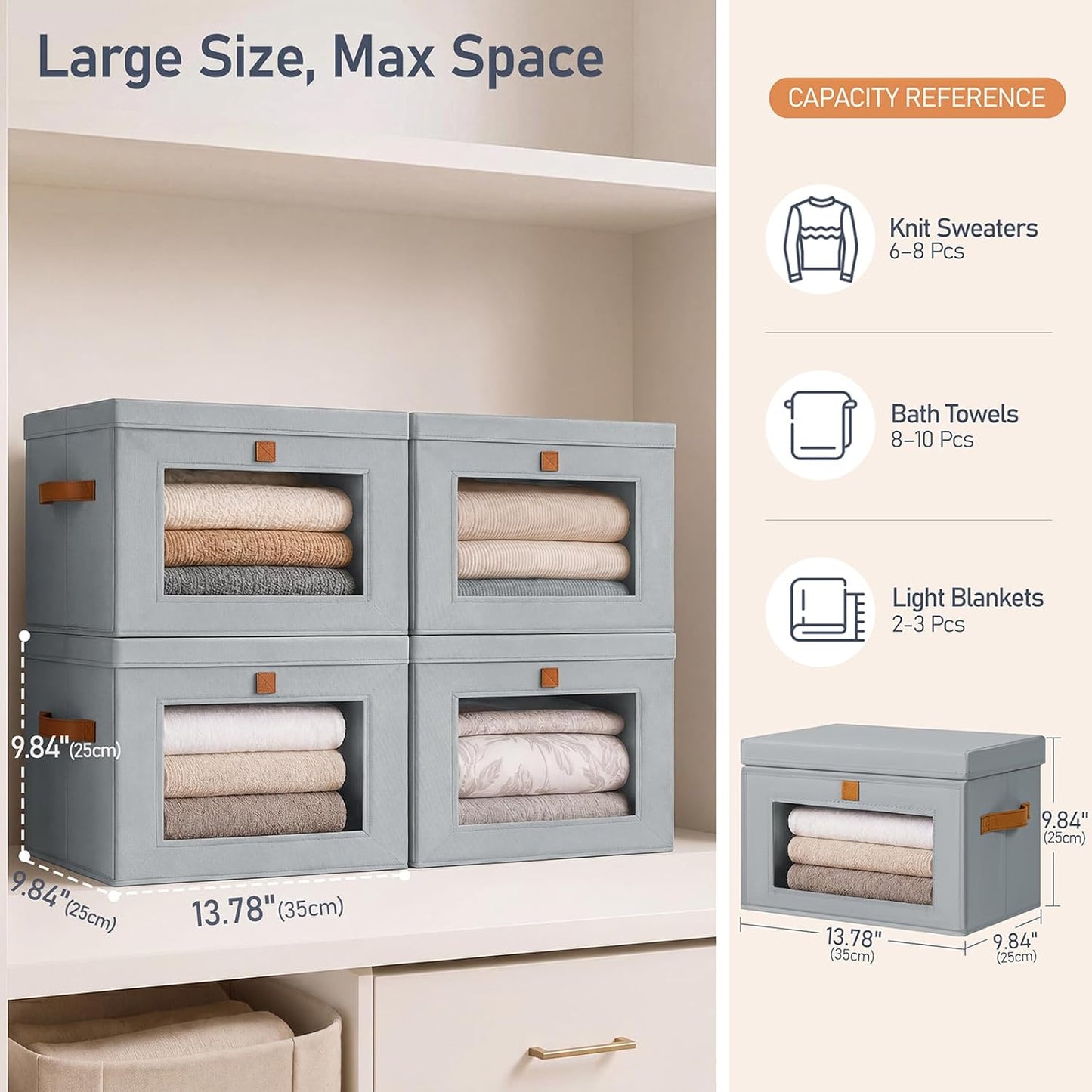 Storage Bins / Front Opening Stackable Fabric Storage Boxes / Gray / Medium / Set of 6
