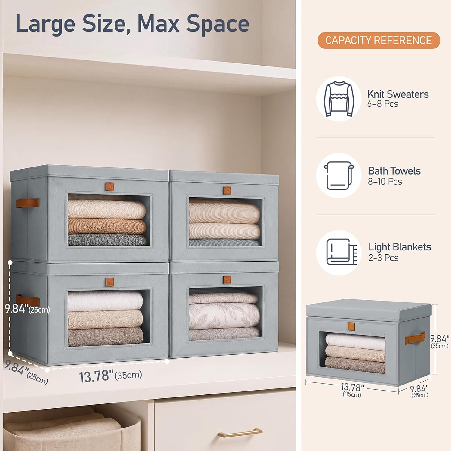 Storage Bins / Front Opening Stackable Fabric Storage Boxes / Gray / Medium / Set of 6